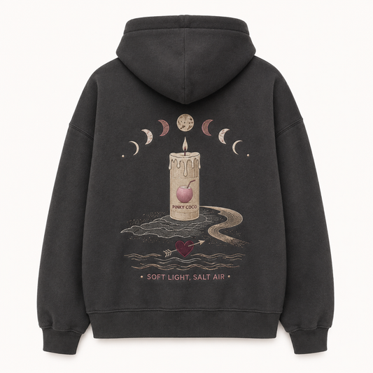 Front view of the PinkyCoco Candlelight Moon Shore women's hoodie