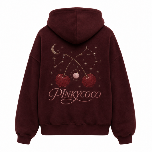 Front view of the PinkyCoco Maroon Cherry Constellation women's hoodie