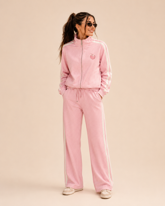 Front product view of the PinkyCoco Pink Whitestripe Coco Sets women's matching fleece lounge set