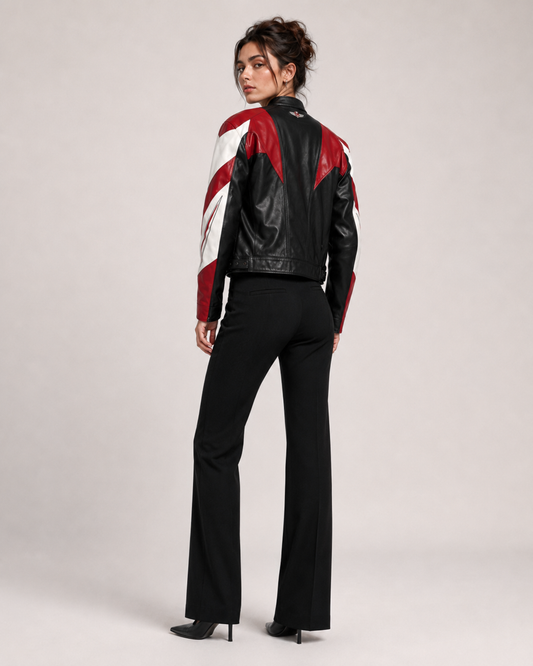 PinkyCoco Red Black Wing women's racing jacket, front view