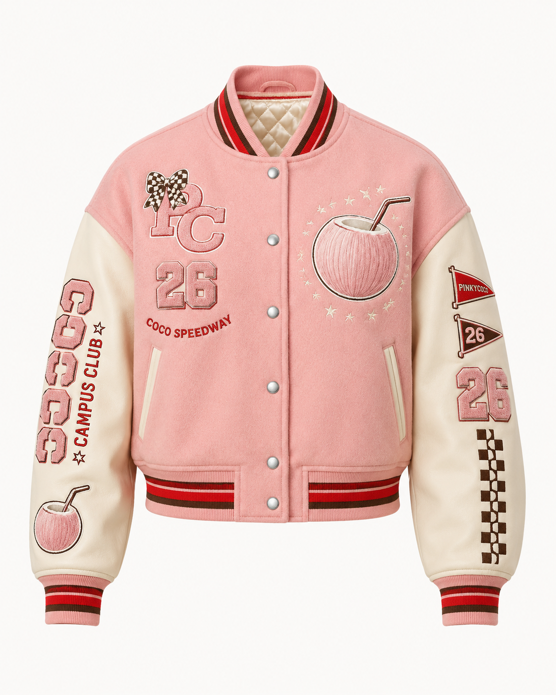 Model wearing the PinkyCoco Coco Campus Speedway women's Motorsport Varsity Jacket racing jacket, back view
