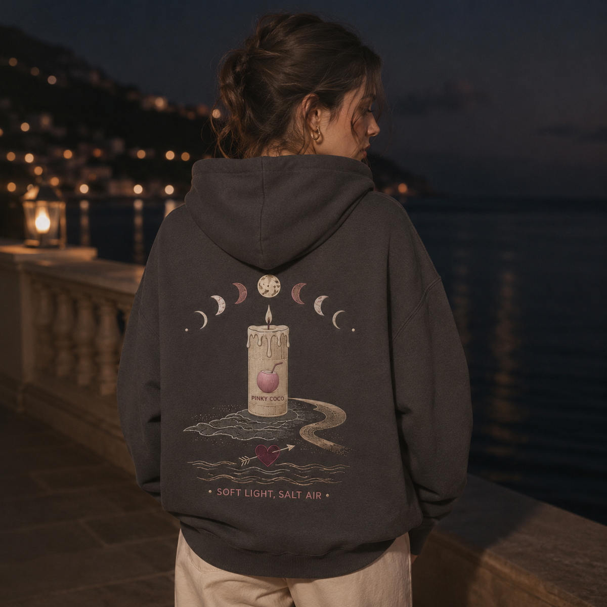 Detail of the hood, cuffs and stitching on the PinkyCoco Candlelight Moon Shore hoodie