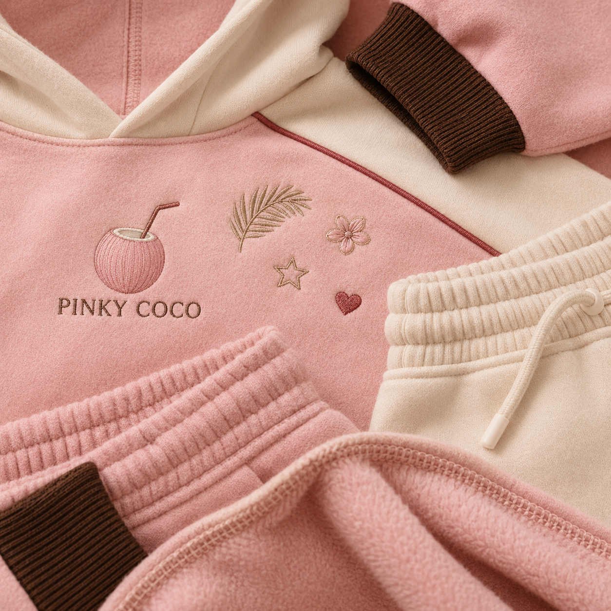 Close-up of the PinkyCoco Coco Duo artwork, waistband, and ankle cuffs