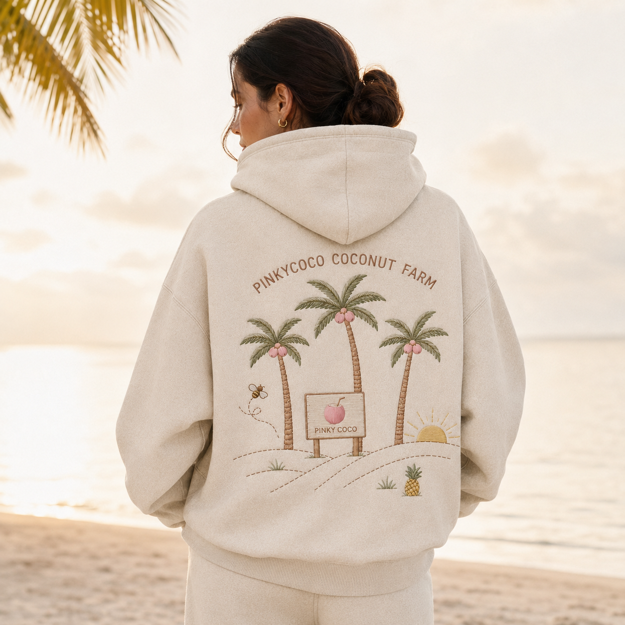 Detail of the hood, cuffs and stitching on the PinkyCoco Coconut Harvest Morning hoodie