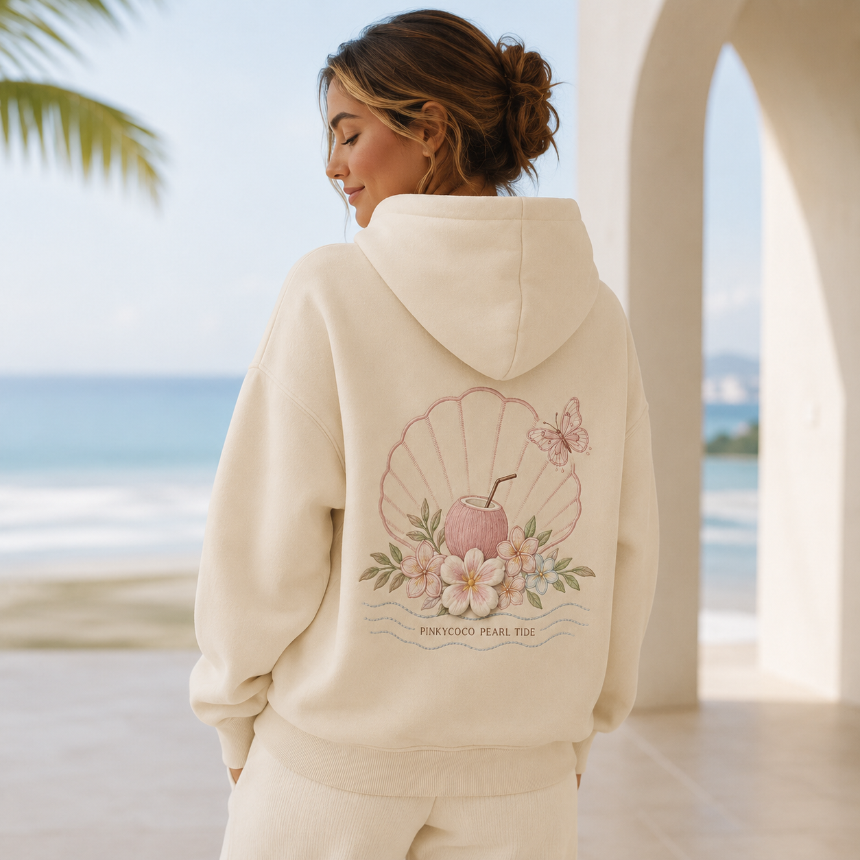 Detail of the hood, cuffs and stitching on the PinkyCoco Lumeria Pearl Tide hoodie
