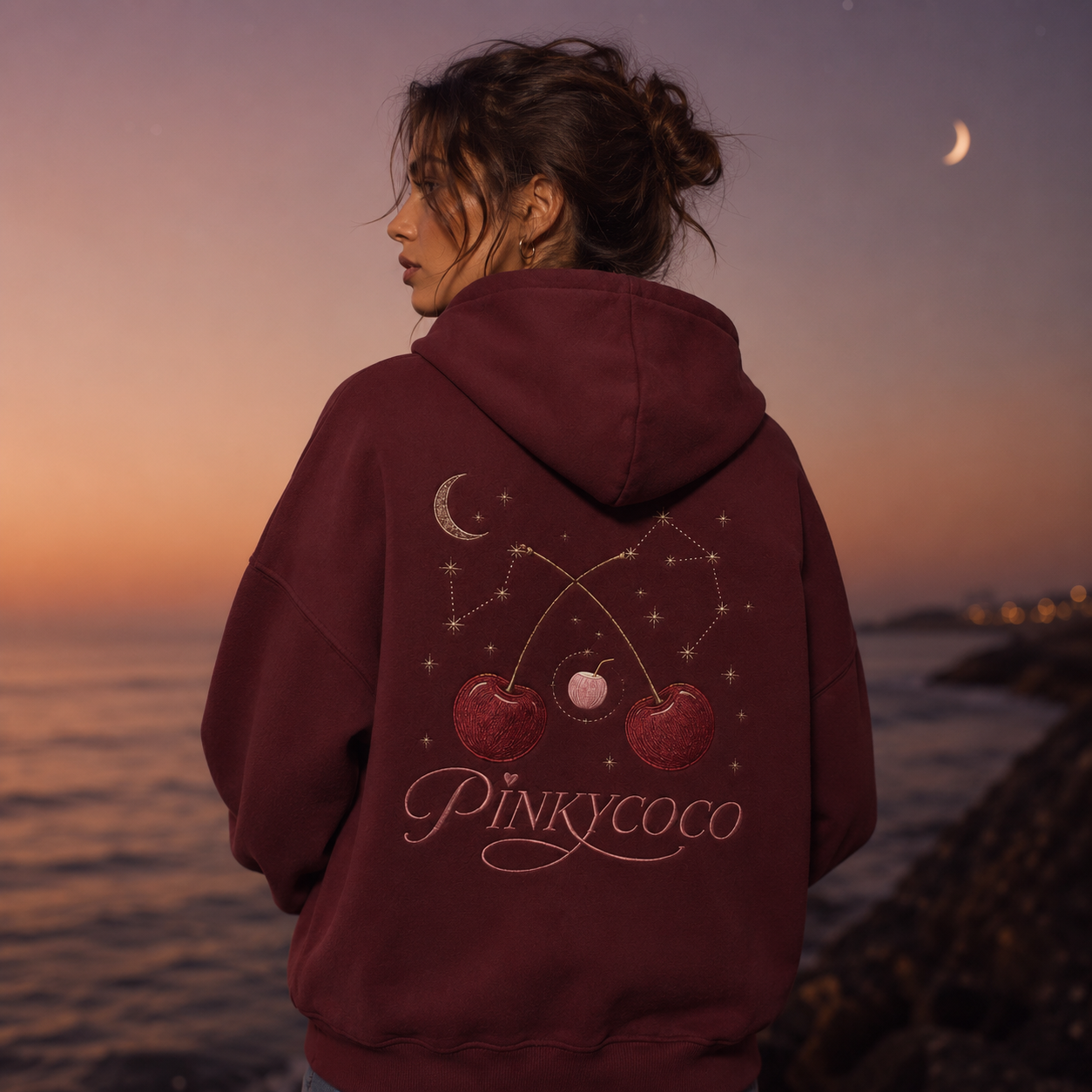 Detail of the hood, cuffs and stitching on the PinkyCoco Maroon Cherry Constellation hoodie