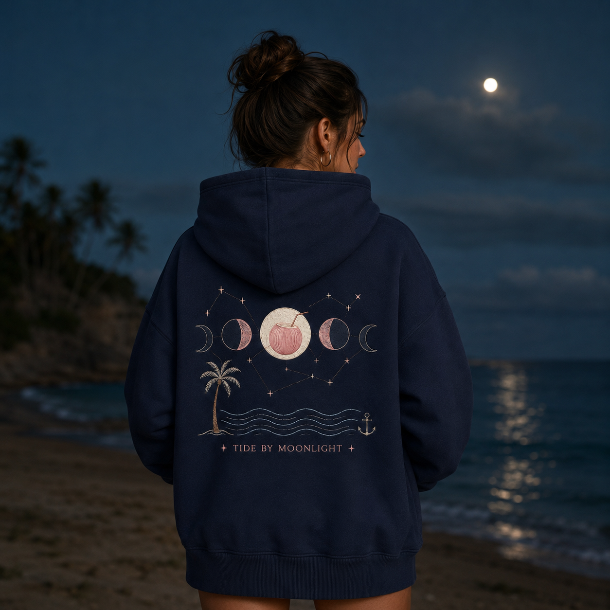 Detail of the hood, cuffs and stitching on the PinkyCoco Navy Moon Tide Anchor hoodie