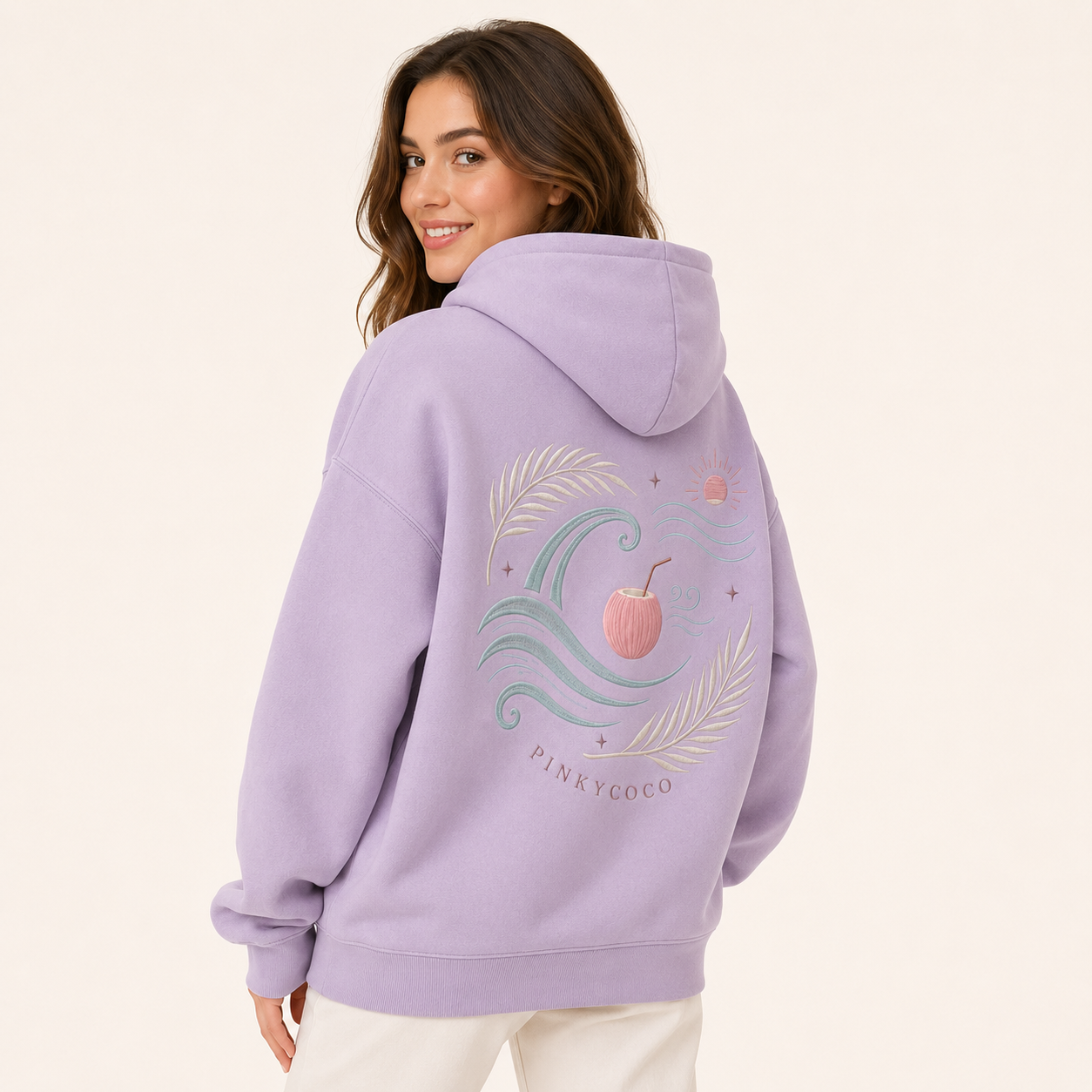 Detail of the hood, cuffs and stitching on the PinkyCoco Ocean Breeze hoodie