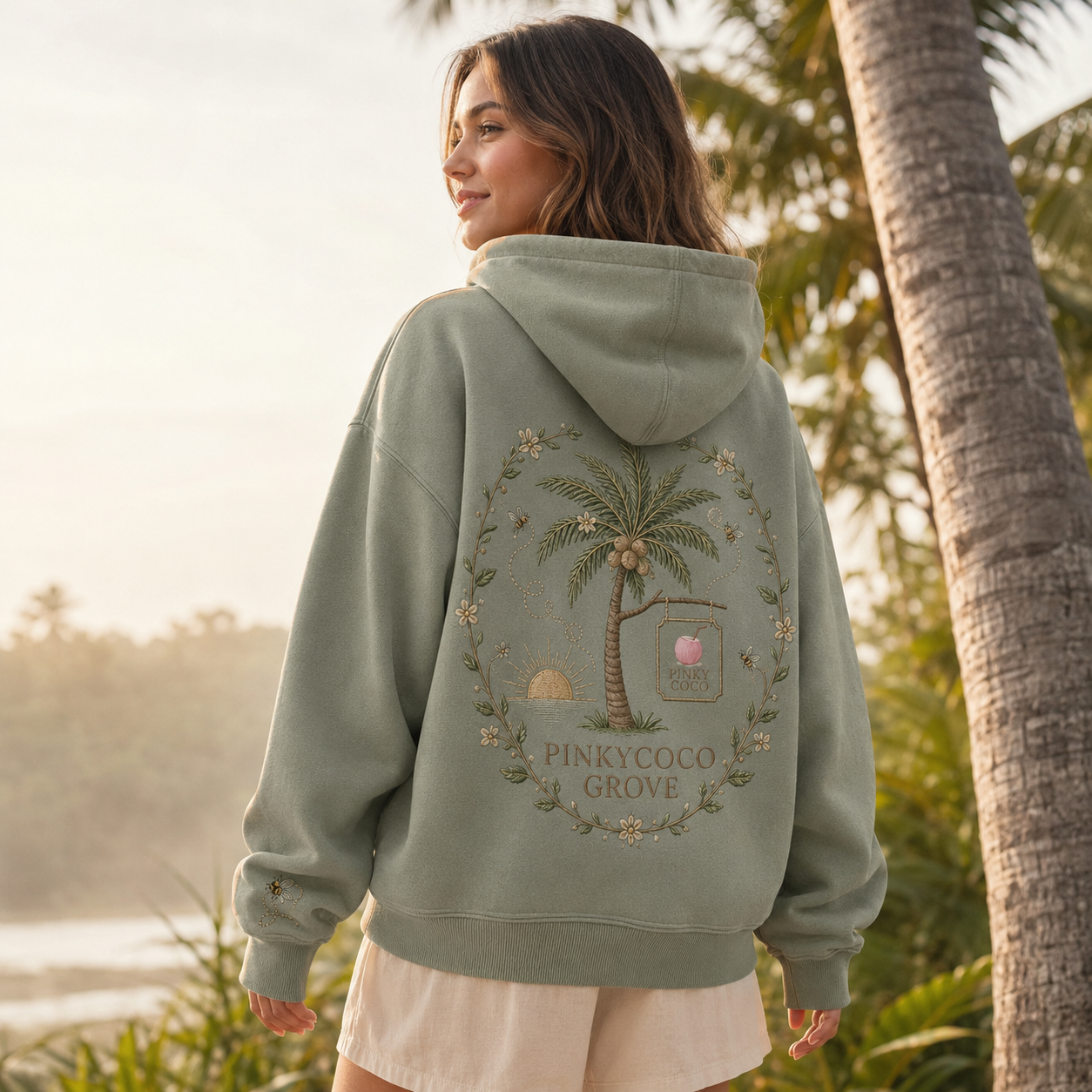Detail of the hood, cuffs and stitching on the PinkyCoco Sage Bee Coconut Grove hoodie