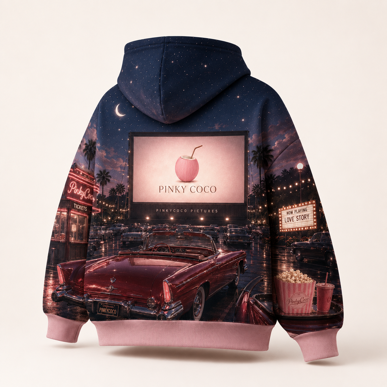 Detail of the hood, cuffs and stitching on the PinkyCoco Starlet Drive In hoodie