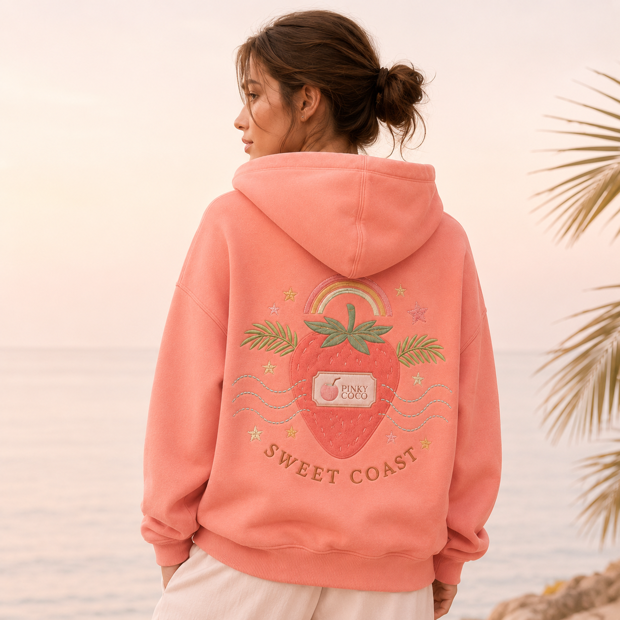 Detail of the hood, cuffs and stitching on the PinkyCoco Strawberry Rainbow Coast hoodie