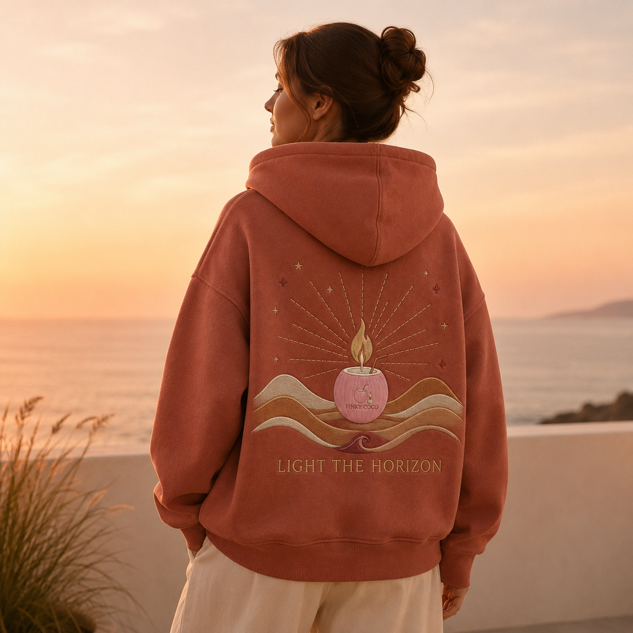 Detail of the hood, cuffs and stitching on the PinkyCoco Terracotta Candle Sun Dunes hoodie