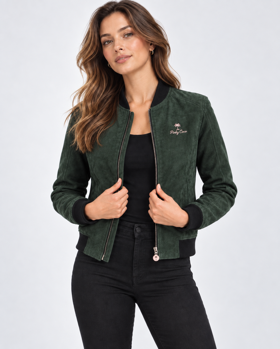 PinkyCoco forest green women's suede bomber jacket - product view 7