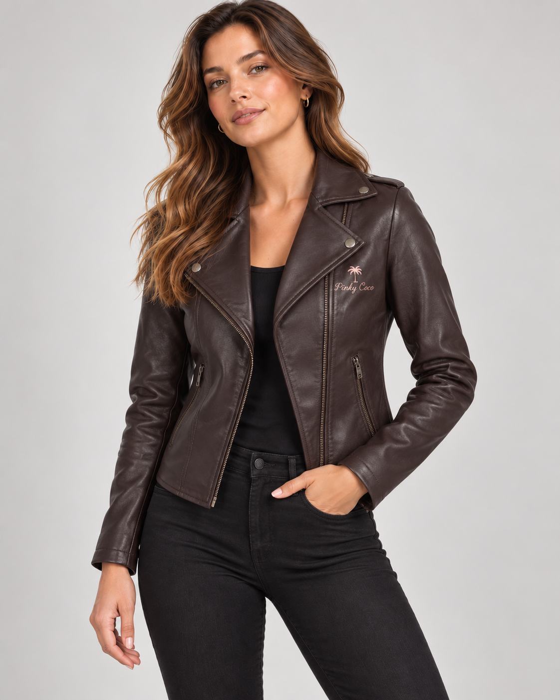 PinkyCoco chocolate brown women's leather moto jacket - product view 8