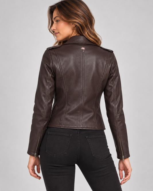 PinkyCoco chocolate brown women's leather moto jacket - product view 2