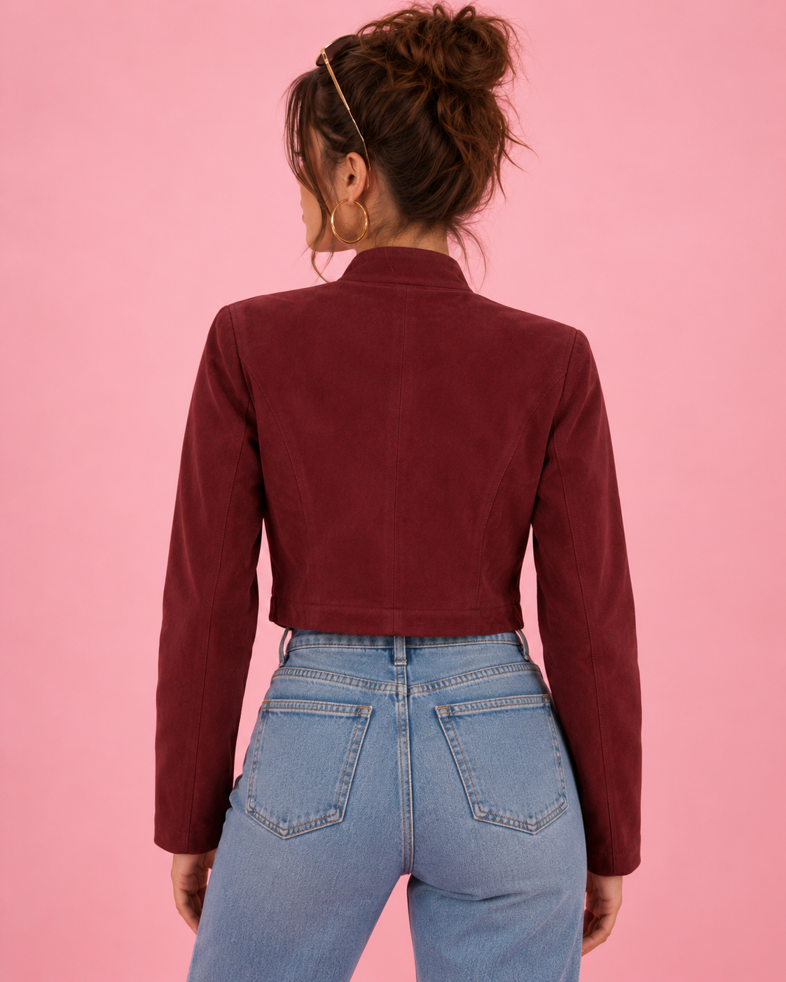 PinkyCoco Burgundy Cropped women's suede jacket full back view
