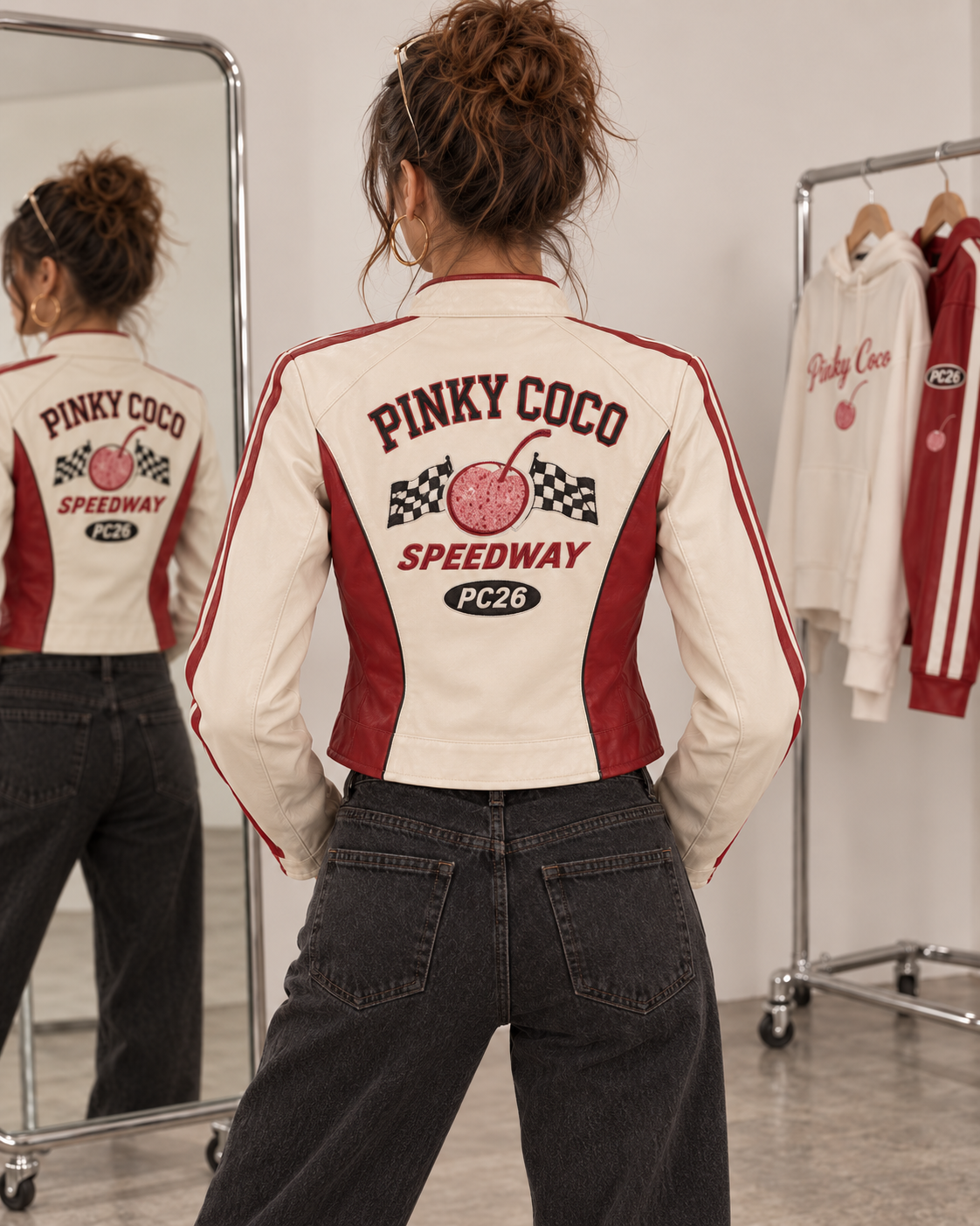 PinkyCoco Speedway cream red racing jacket sleeve stripe and logo detail