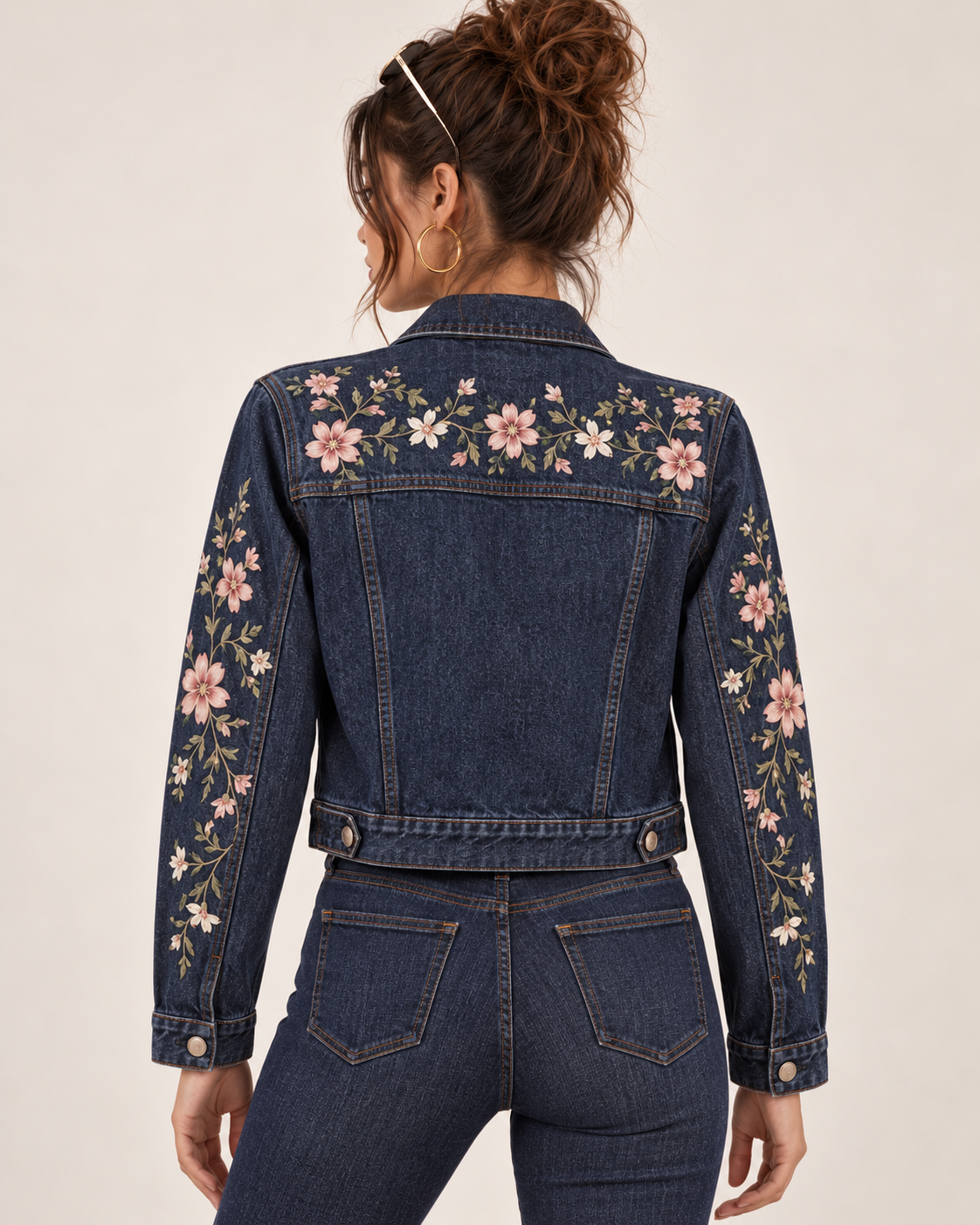 PinkyCoco Floral Denim dark-wash embroidered jacket lifestyle view