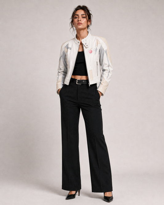 PinkyCoco Vanilla Vinyl women's cream jacket full-length front styling