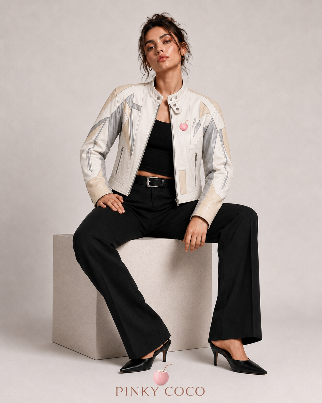 PinkyCoco Vanilla Vinyl women's cream moto jacket seated lifestyle view