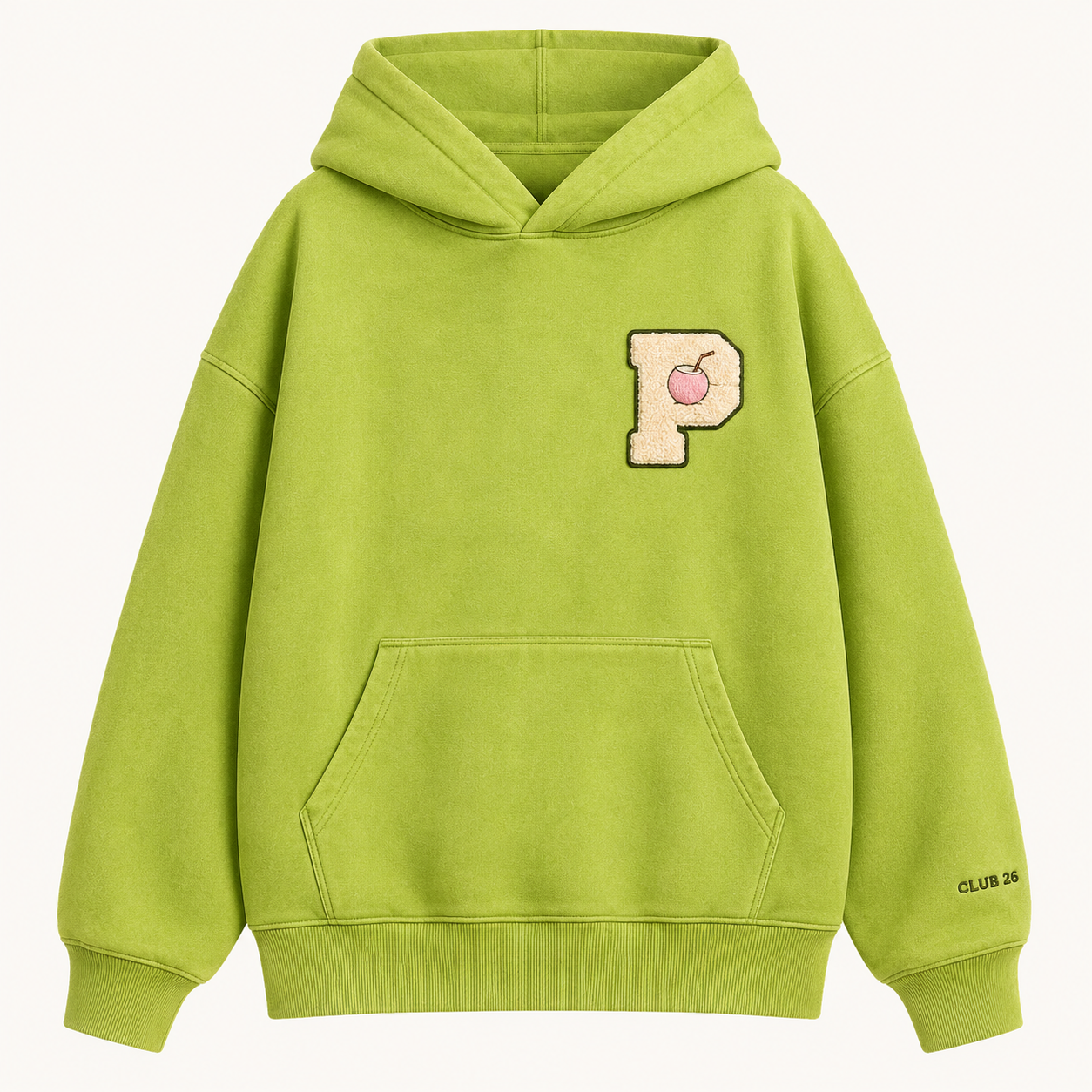 PinkyCoco Acid Palm Smiley women's graphic fleece hoodie model front view in acid green