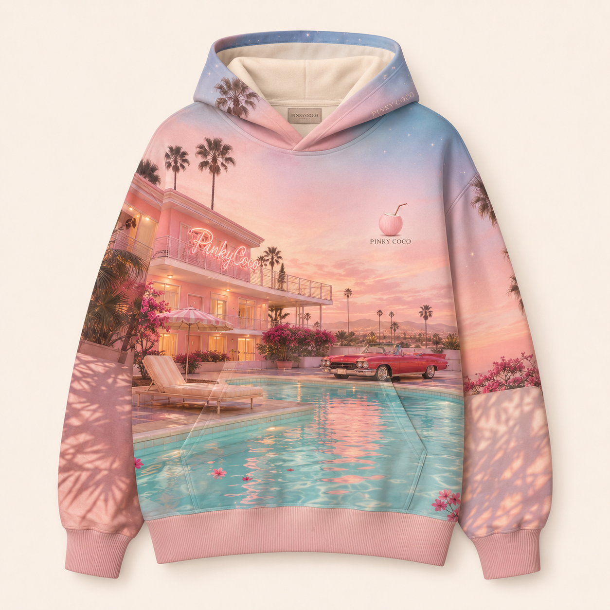 Model wearing the PinkyCoco Afterglow Motel oversized fleece hoodie