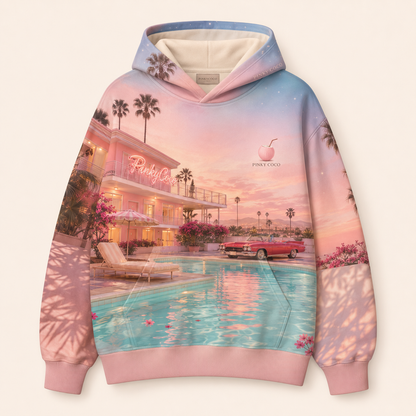Model wearing the PinkyCoco Afterglow Motel oversized fleece hoodie