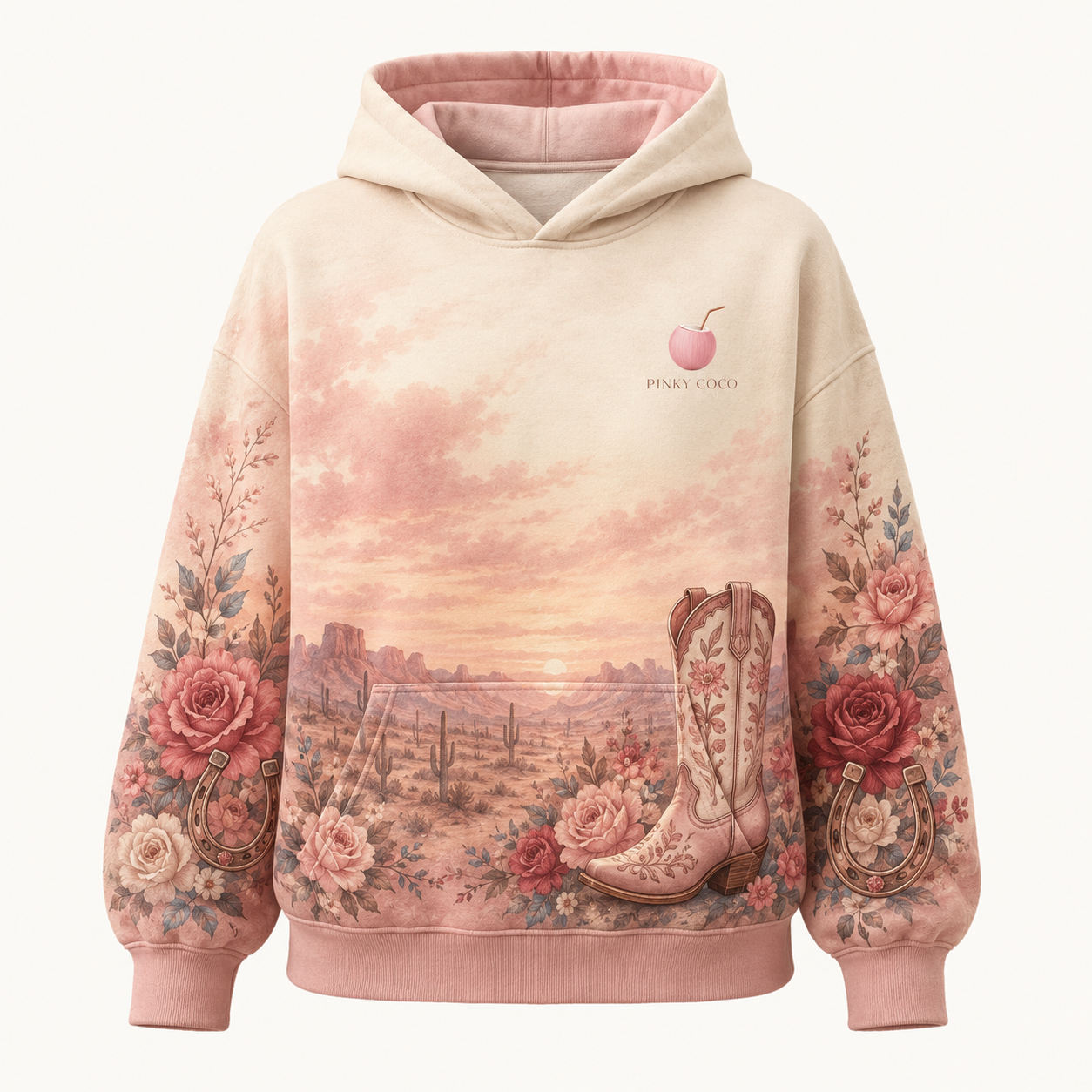 Model wearing the PinkyCoco American Sweetheart Rodeo oversized fleece hoodie