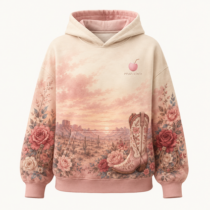 Model wearing the PinkyCoco American Sweetheart Rodeo oversized fleece hoodie
