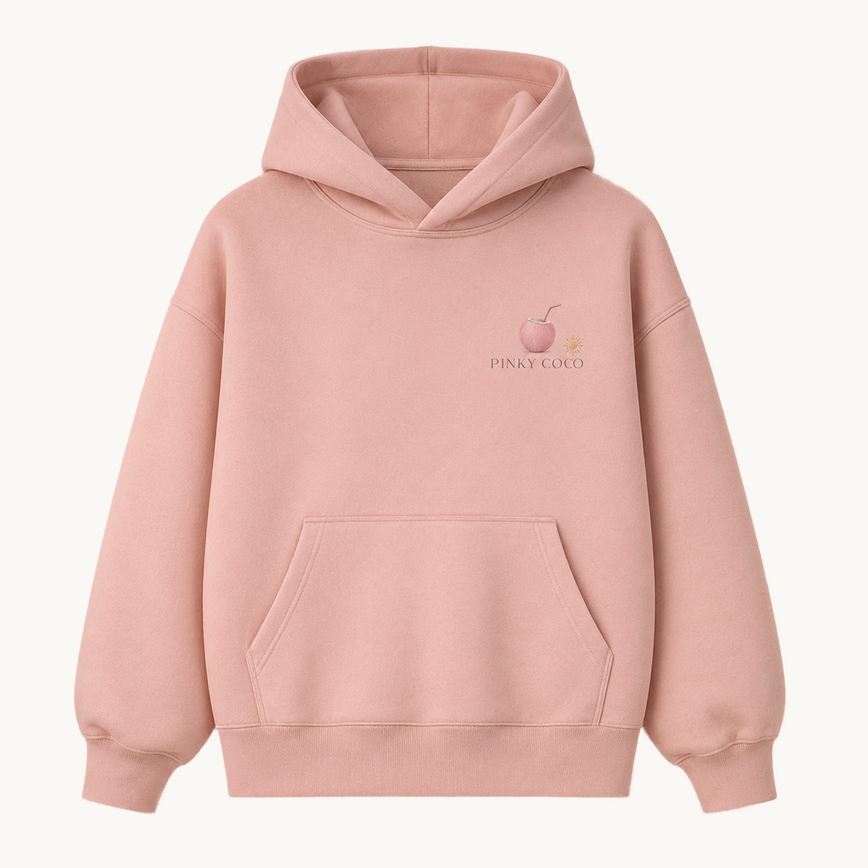 PinkyCoco Barefoot Golden Hour women's oversized fleece hoodie on warm ivory background