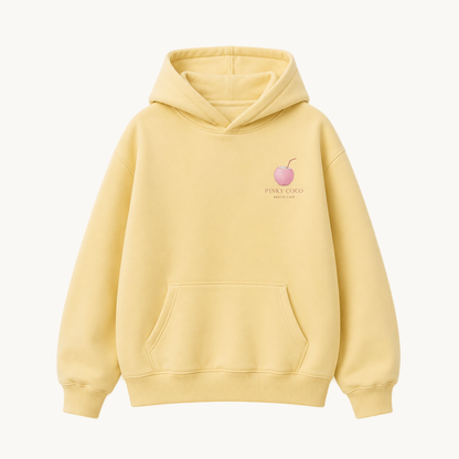 PinkyCoco Beach Cafe women's oversized fleece hoodie on warm ivory background