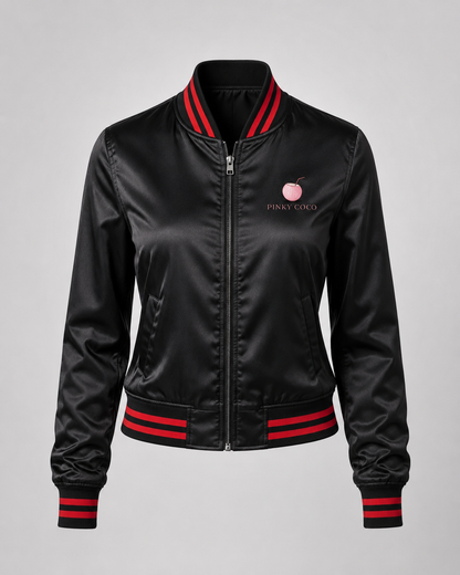 Model wearing PinkyCoco Black Red Coco Women's Satin Bomber Jacket, front view