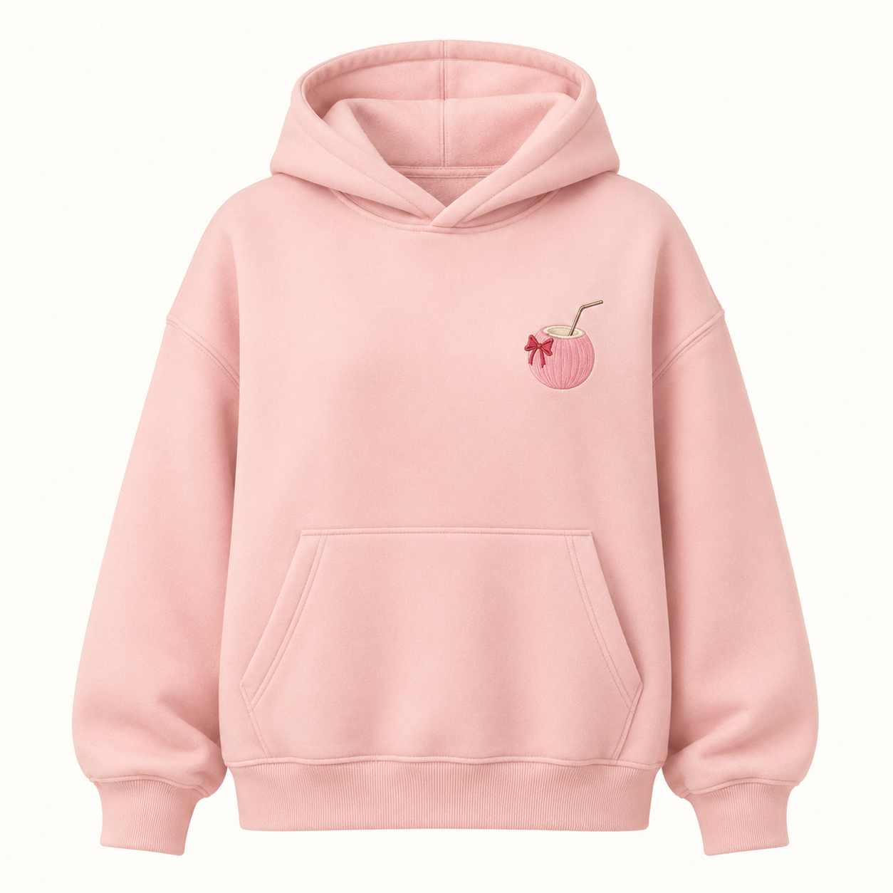 Model wearing the PinkyCoco Blush Ribbon Sunset oversized fleece hoodie