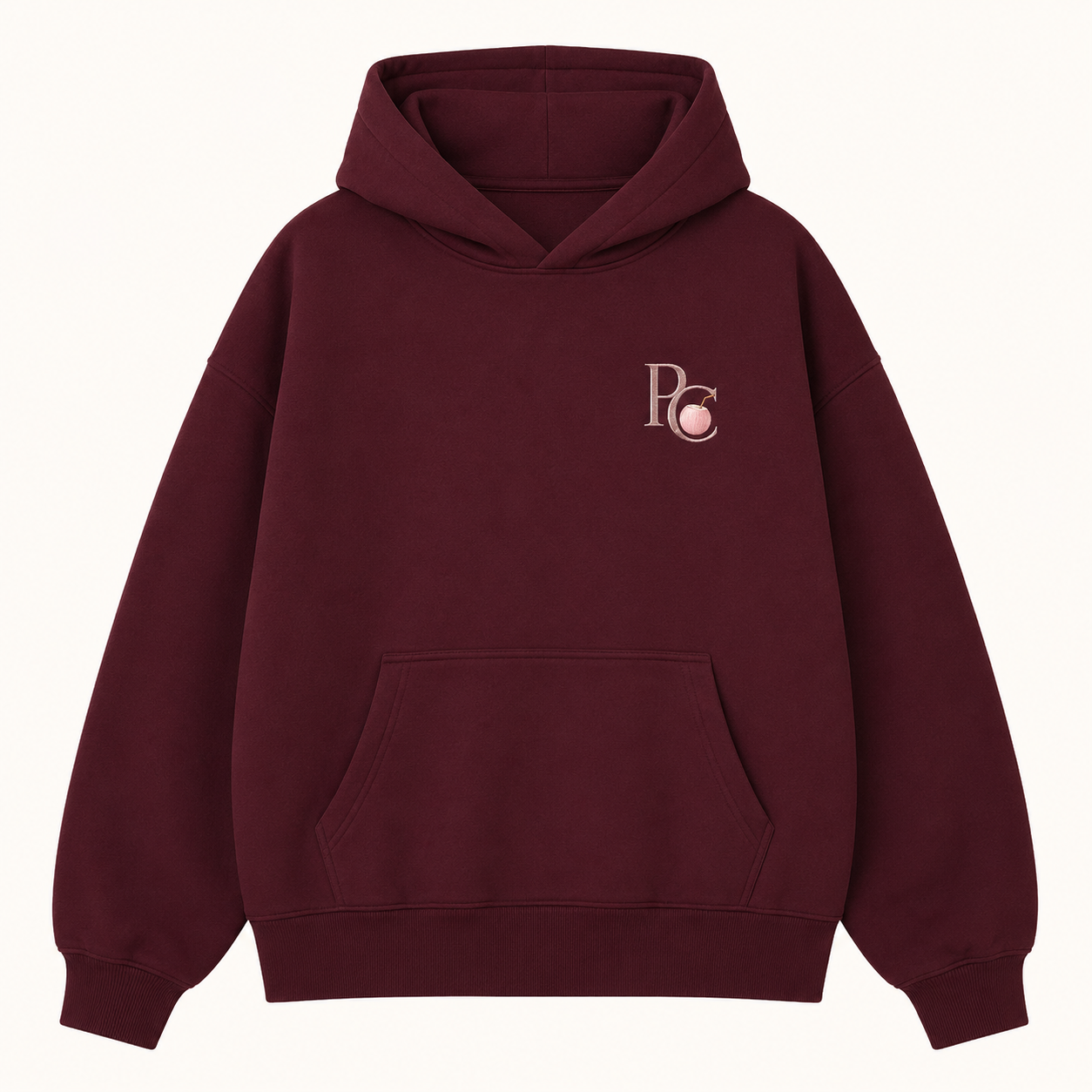 Model wearing the PinkyCoco Burgundy Rose Moon oversized fleece hoodie