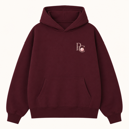 Model wearing the PinkyCoco Burgundy Rose Moon oversized fleece hoodie
