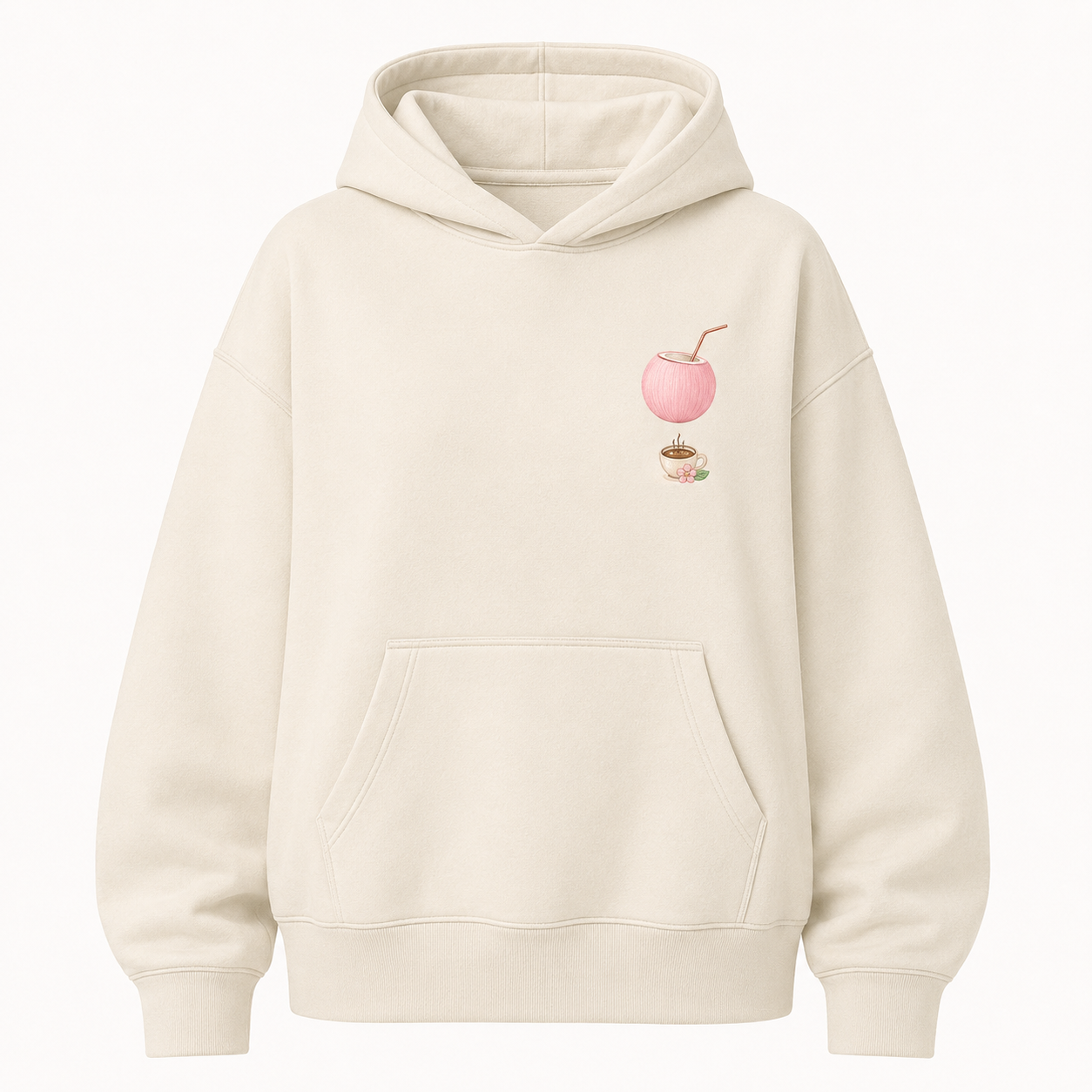 Model wearing the PinkyCoco Cherry Blossom Coffee Coast oversized fleece hoodie
