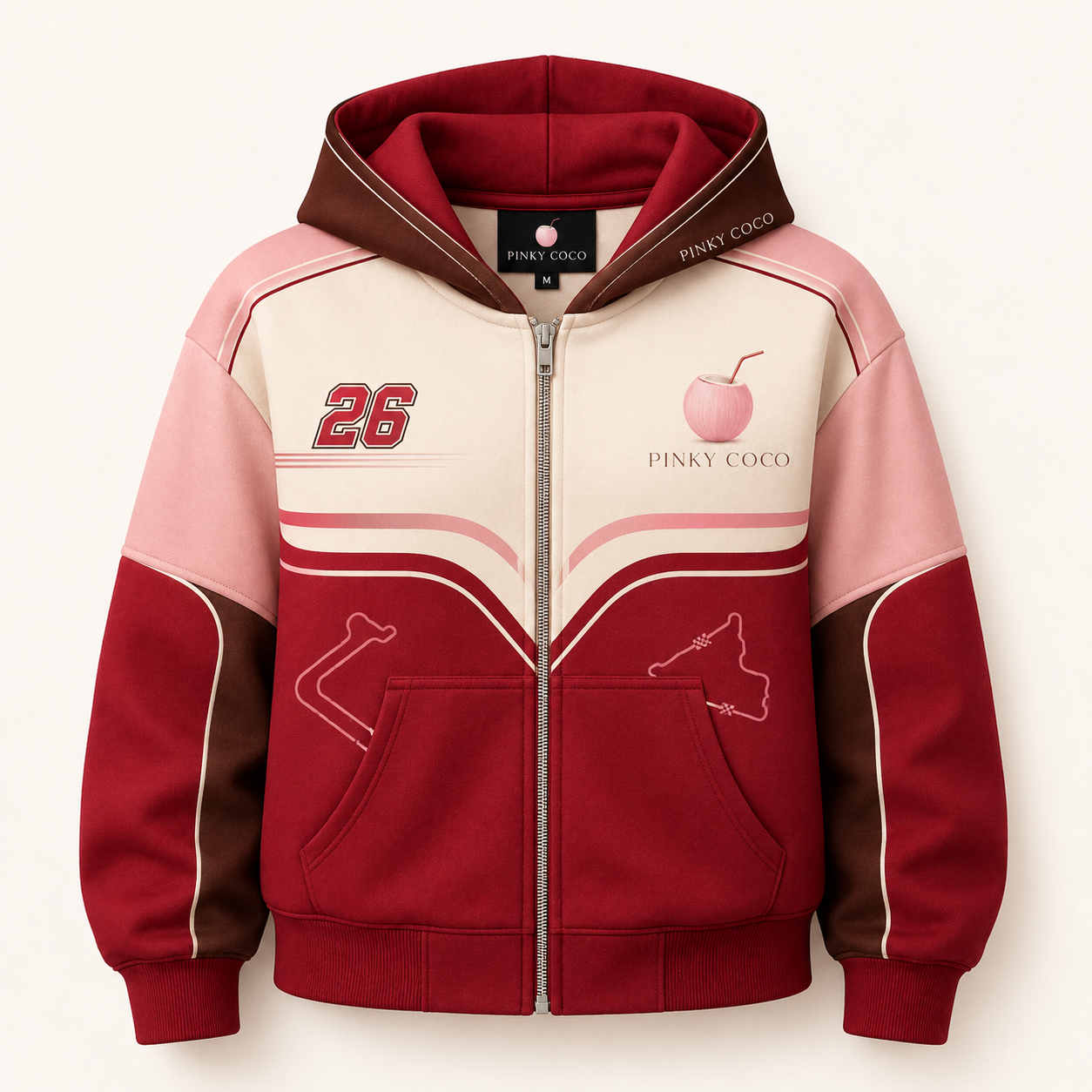 Model wearing the PinkyCoco Cherry Grand Prix women's racing hoodie, front view