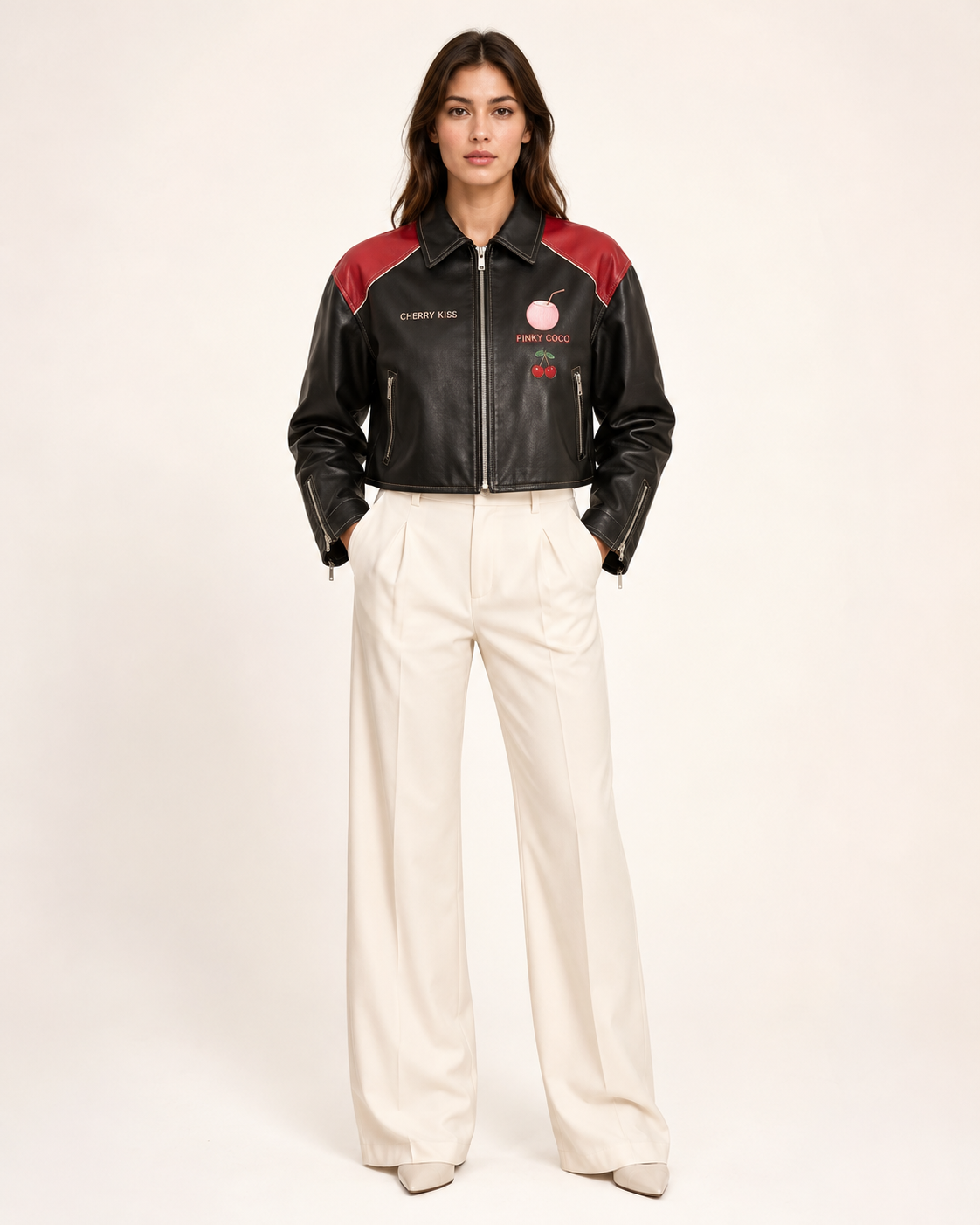 Model wearing PinkyCoco Cherry Kiss Cropped Women's Leather Fashion Jacket, front view