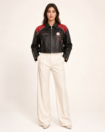 Model wearing PinkyCoco Cherry Kiss Cropped Women's Leather Fashion Jacket, front view