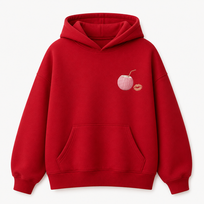 Model wearing the PinkyCoco Cherry Kiss Sunset oversized fleece hoodie
