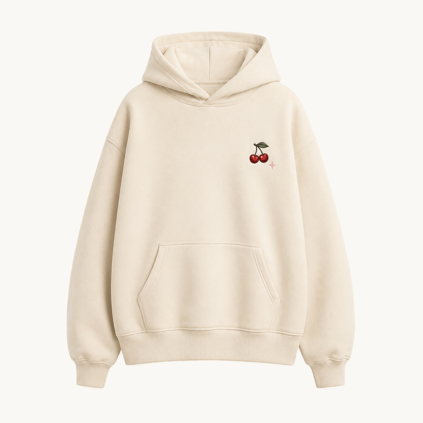 PinkyCoco Cherry Picnic women's oversized fleece hoodie on warm ivory background