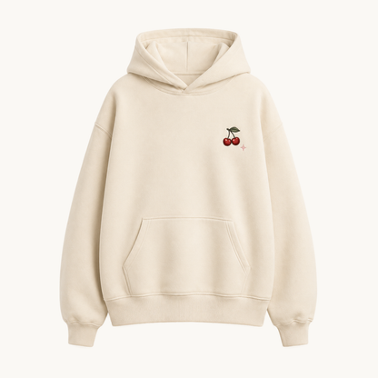 PinkyCoco Cherry Picnic women's oversized fleece hoodie on warm ivory background