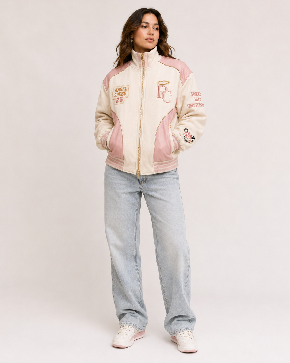 Model wearing the PinkyCoco Coco Angel Speed women's satin racing jacket, front view
