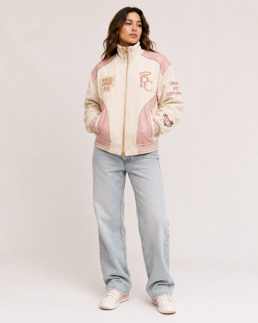 Model wearing the PinkyCoco Coco Angel Speed women's satin racing jacket, front view