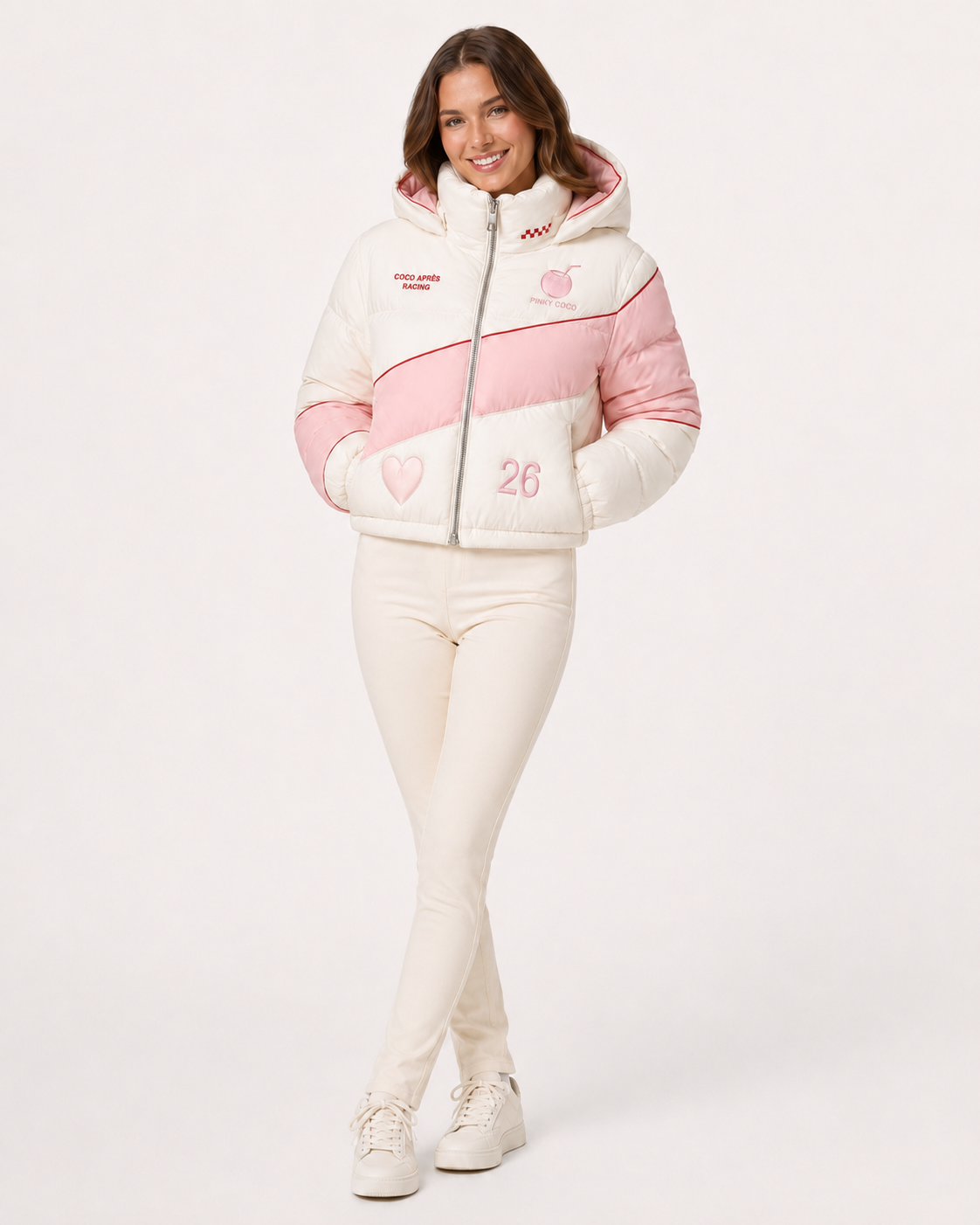 Model wearing the PinkyCoco Coco Apres Ski women's racing jacket, front view