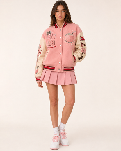 Model wearing the PinkyCoco Coco Campus Speedway women's racing jacket, front view
