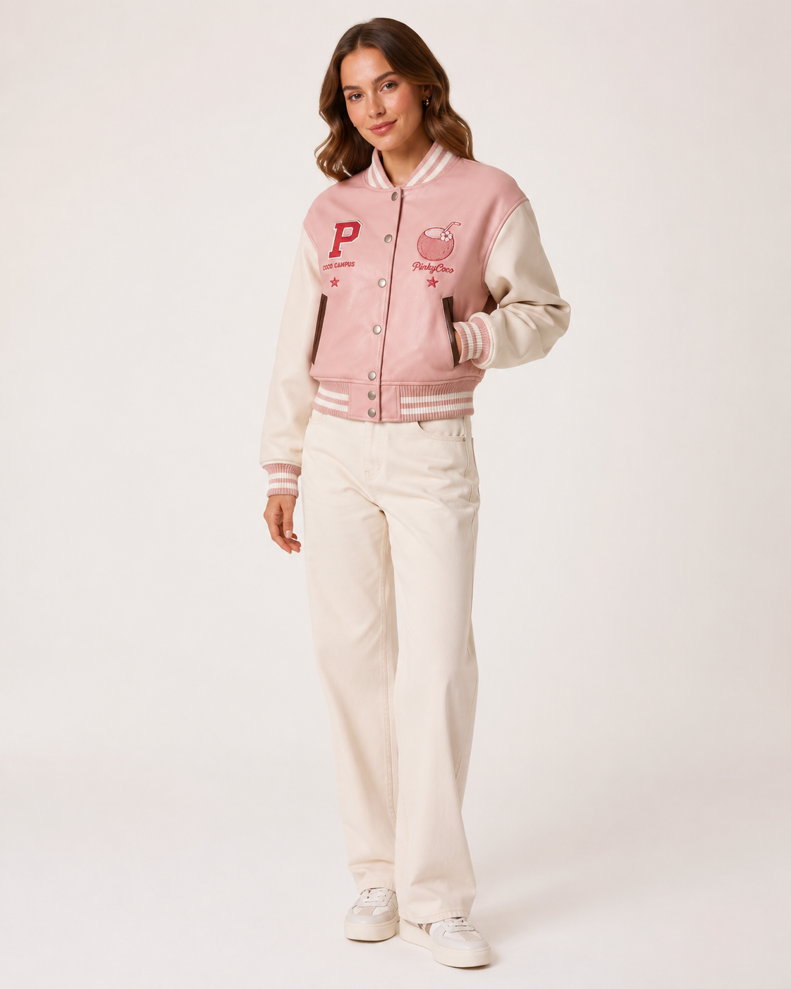 Model wearing PinkyCoco Coco Campus Women's Leather Fashion Jacket, front view