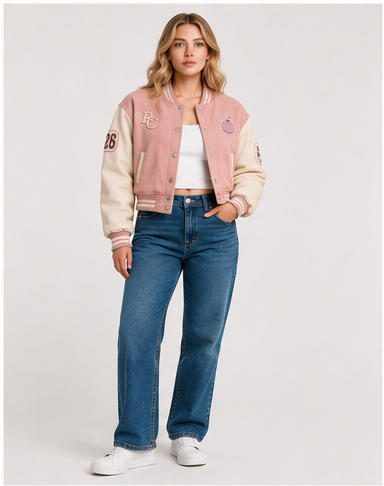 PinkyCoco Coco Campus Women's Wool & Leather Sleeve Varsity Jacket