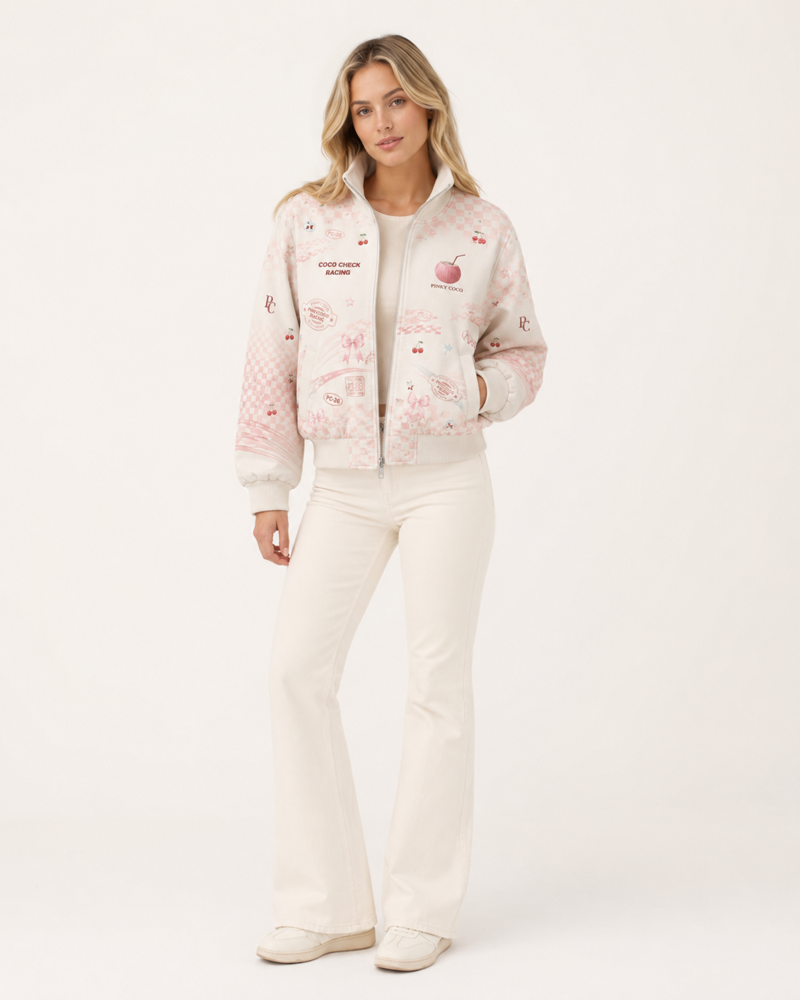Model wearing the PinkyCoco Coco Check women's racing jacket, front view