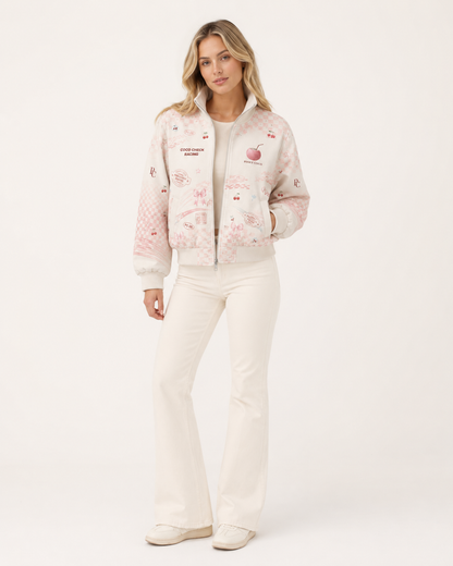 Model wearing the PinkyCoco Coco Check women's racing jacket, front view